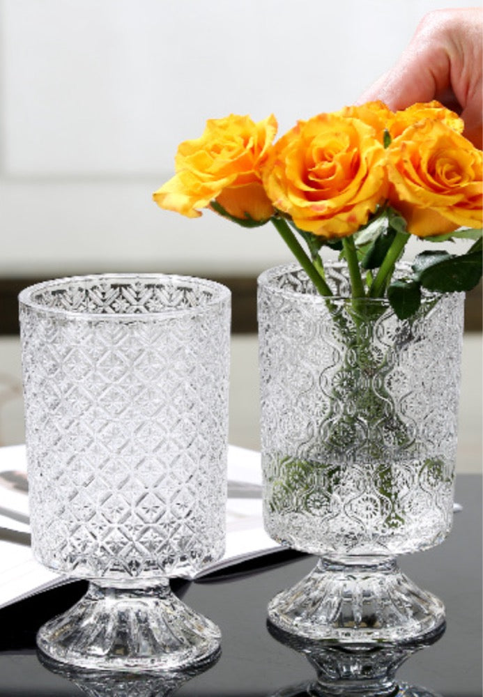 European style ins retro relief tall transparent glass vase