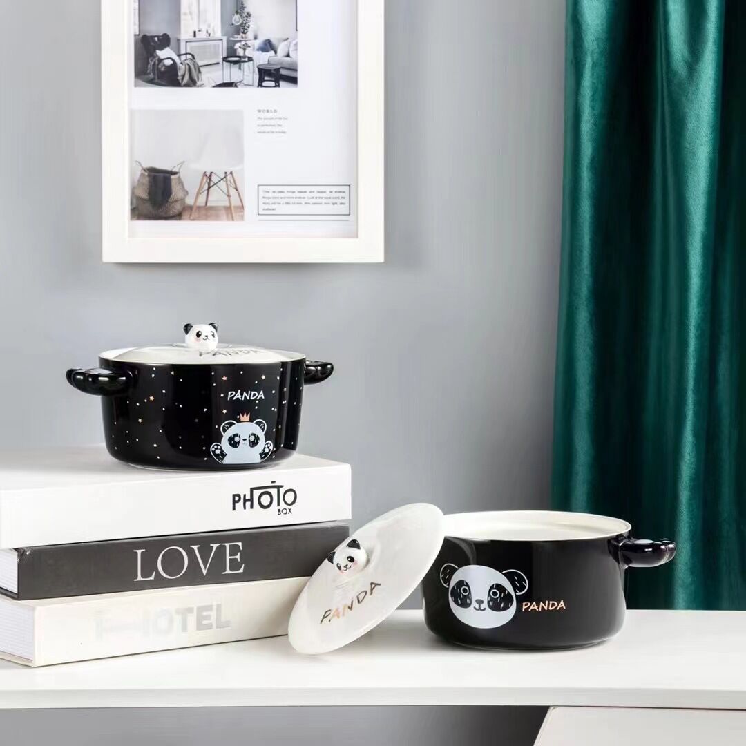 Creative personality black and white panda double handle ceramic bowl