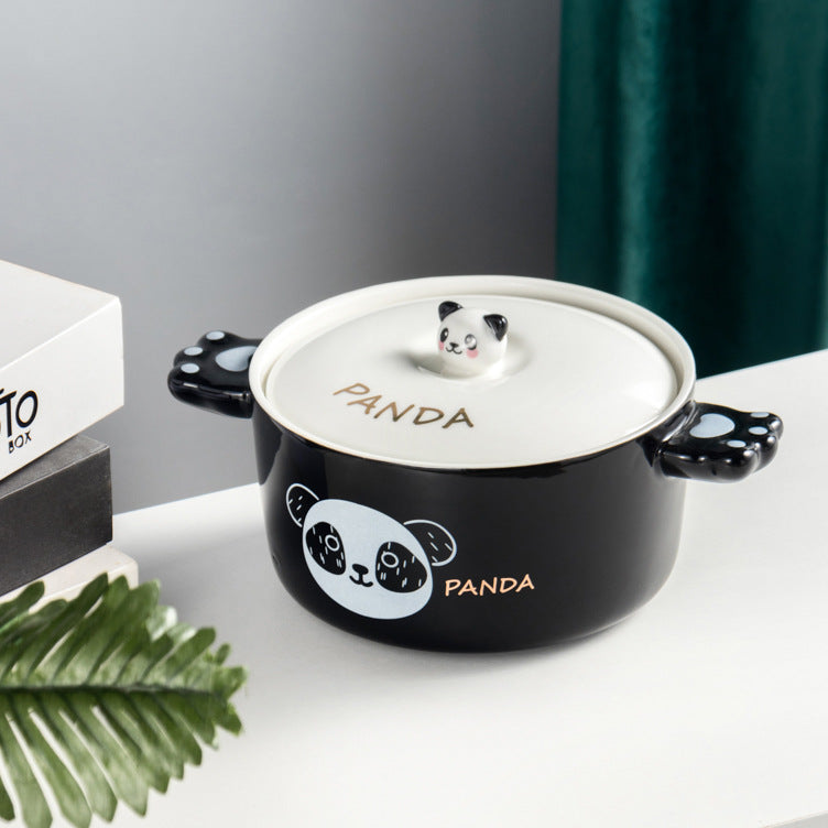 Creative personality black and white panda double handle ceramic bowl