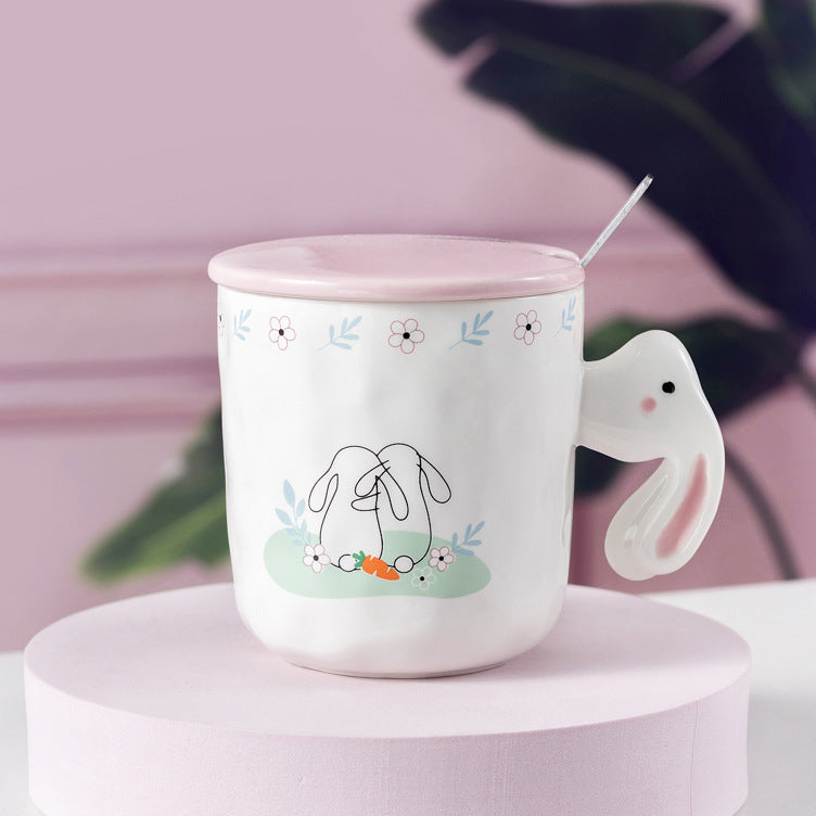 Cartoon Rabbit Ceramic Cup with Lid Spoon