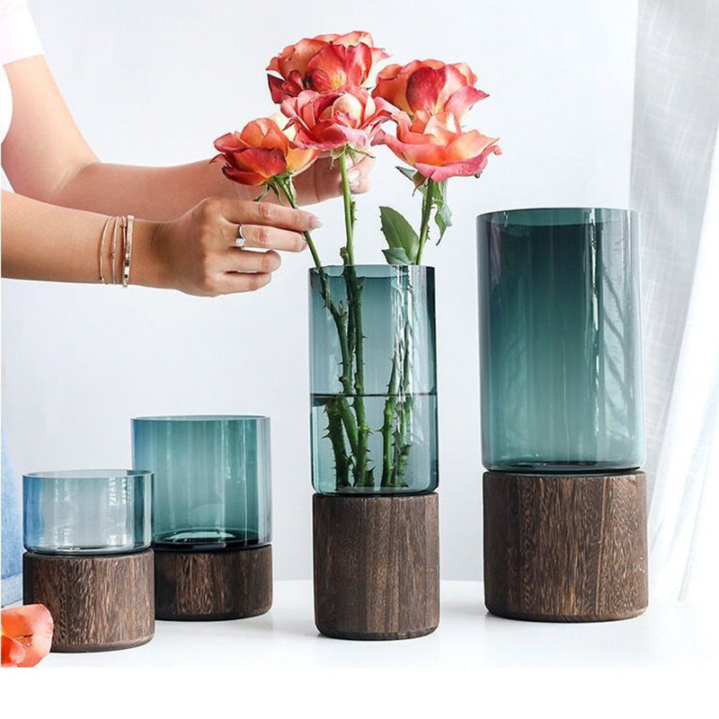New Chinese style high-end original color glass vase with wooden bottom