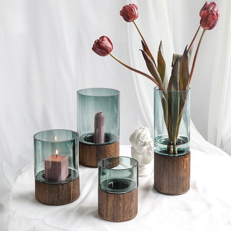 New Chinese style high-end original color glass vase with wooden bottom