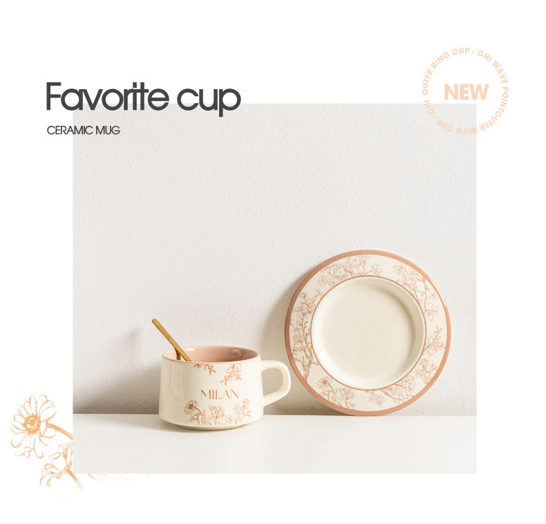 Retro style ceramic coffee cup and saucer