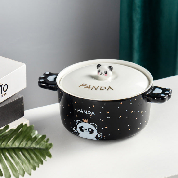 Creative personality black and white panda double handle ceramic bowl