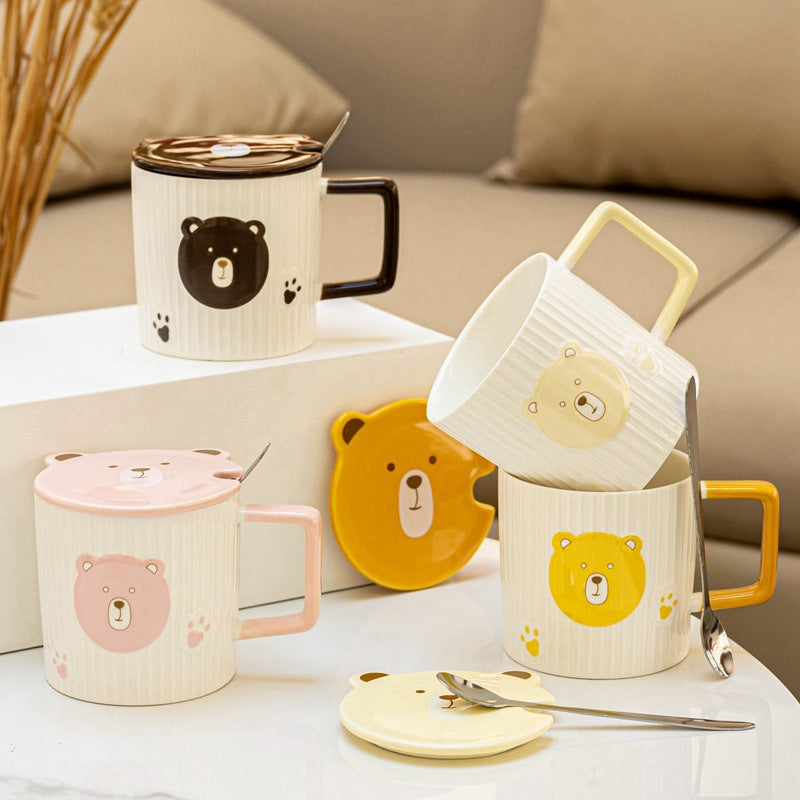 Creative Personalized Embossed Bear Ceramic Mug with Cover and Spoon