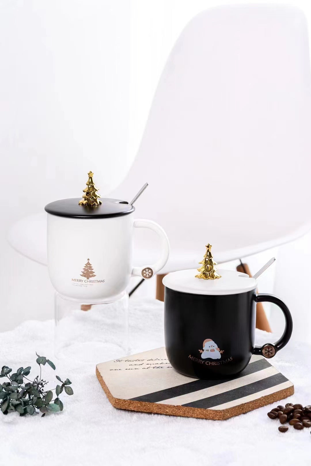 Christmas tree shaped black and white mug