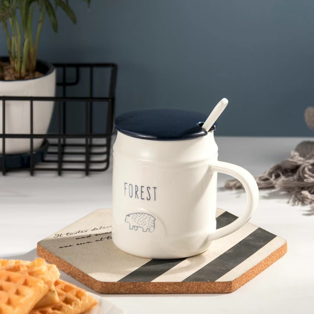 Simple personality animal cartoon breakfast cup with lid and spoon