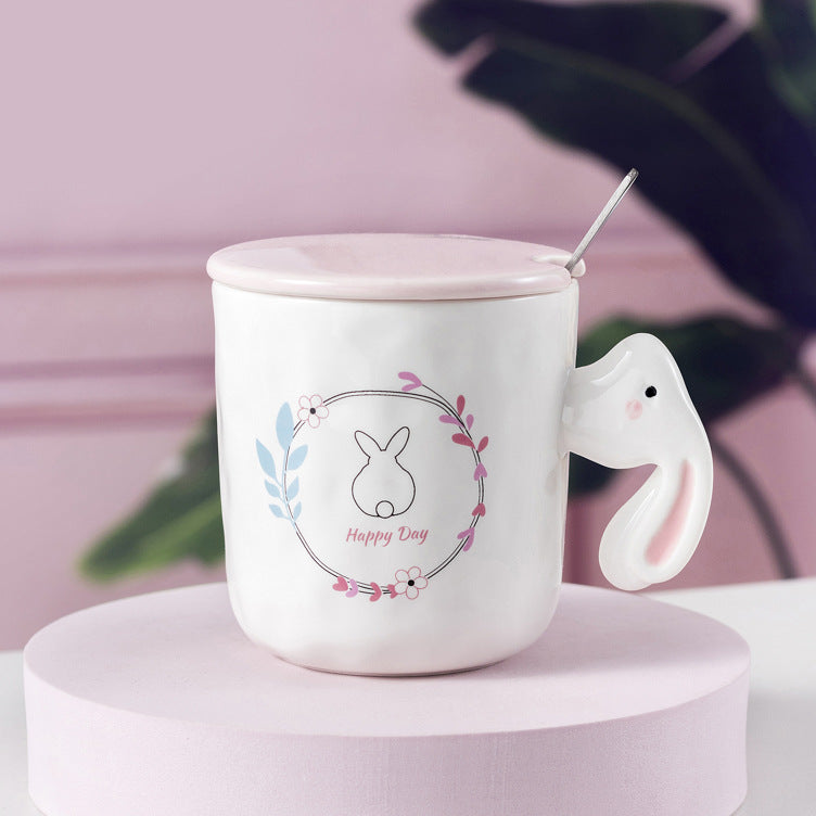 Cartoon Rabbit Ceramic Cup with Lid Spoon