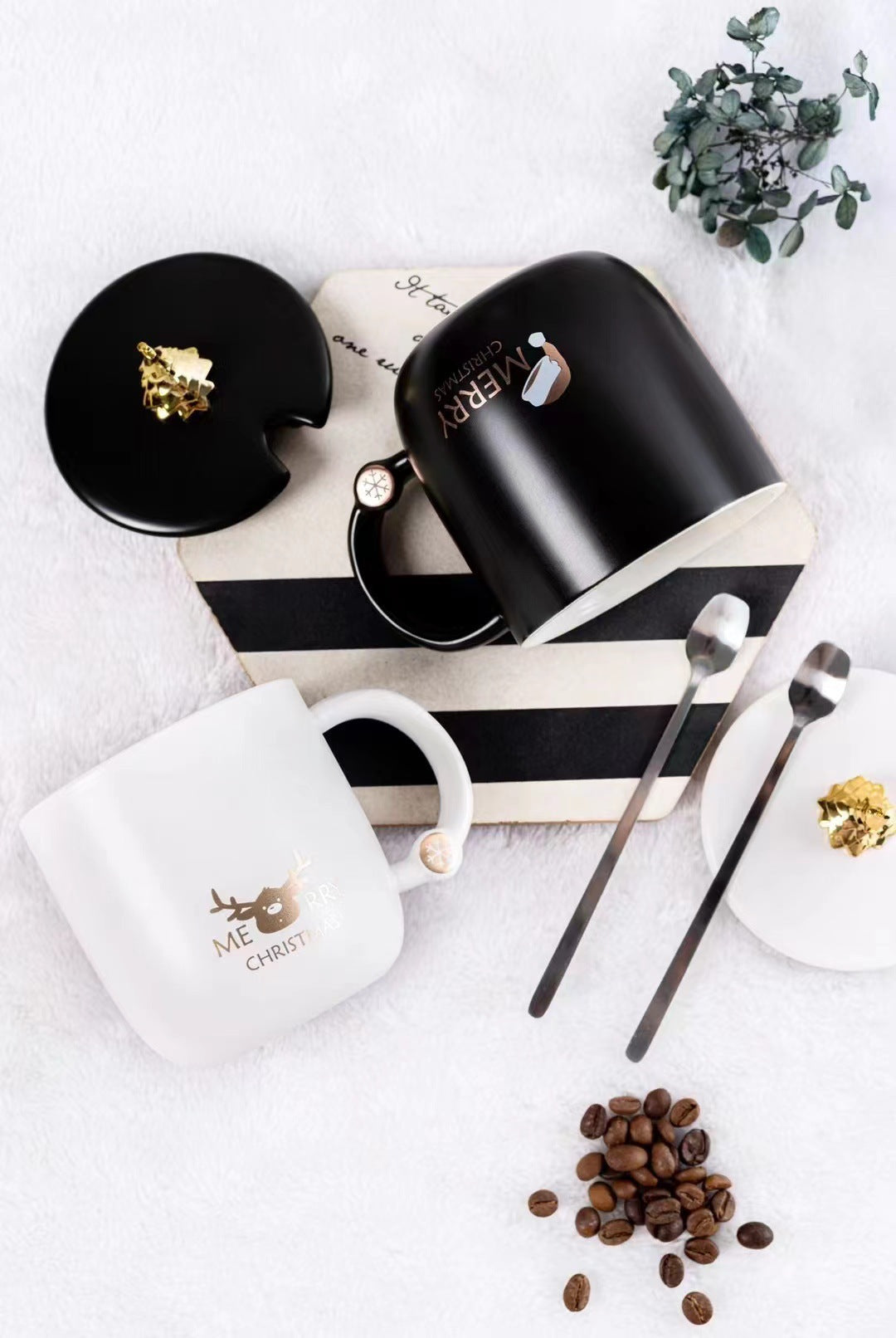Christmas tree shaped black and white mug