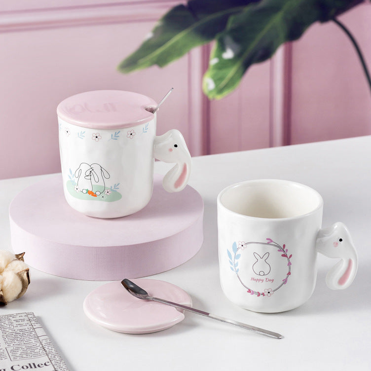 Cartoon Rabbit Ceramic Cup with Lid Spoon