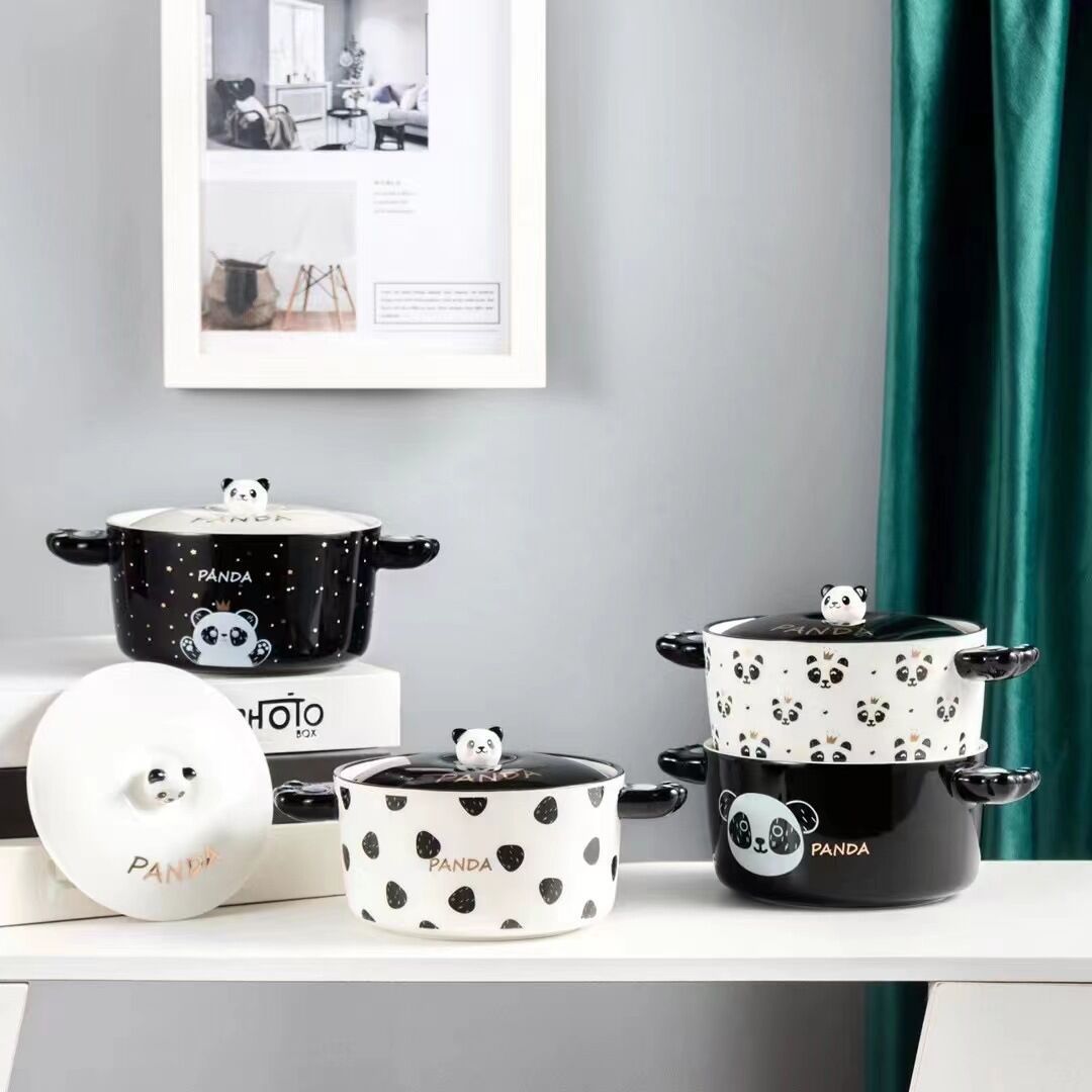 Creative personality black and white panda double handle ceramic bowl