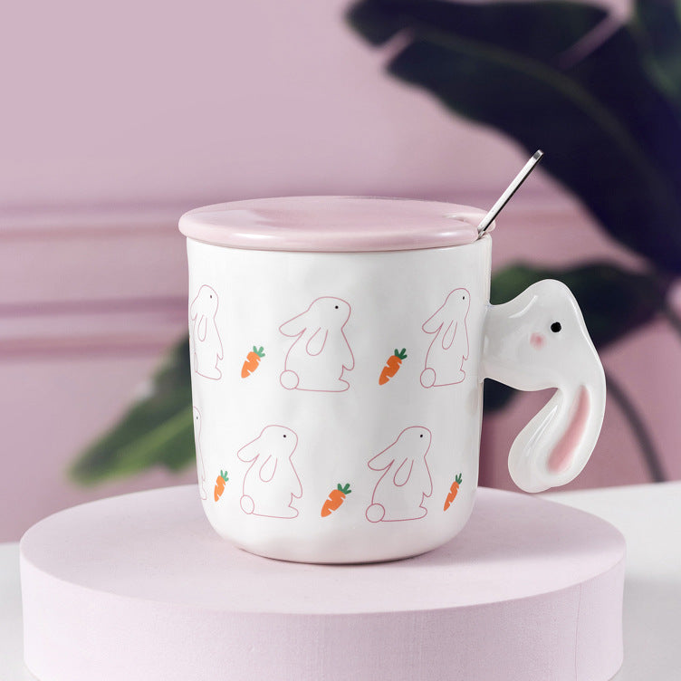Cartoon Rabbit Ceramic Cup with Lid Spoon