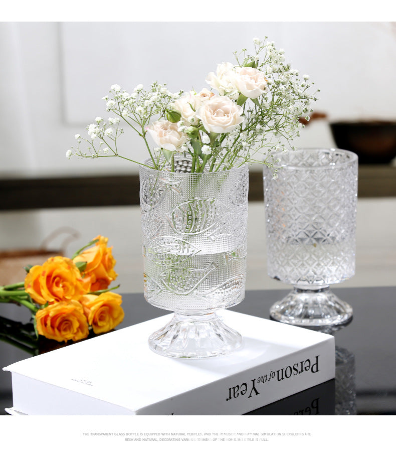 European style ins retro relief tall transparent glass vase