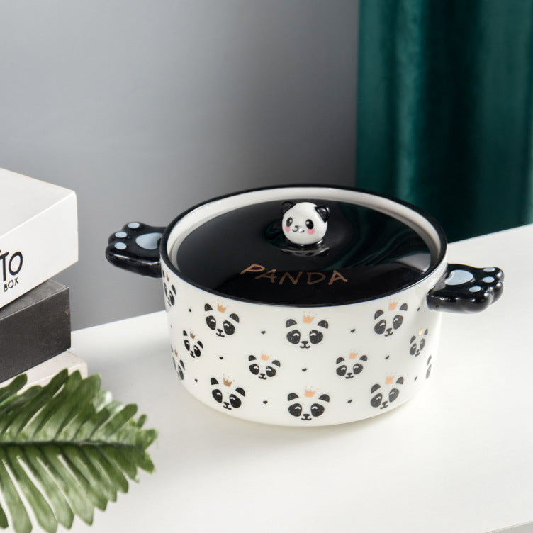 Creative personality black and white panda double handle ceramic bowl