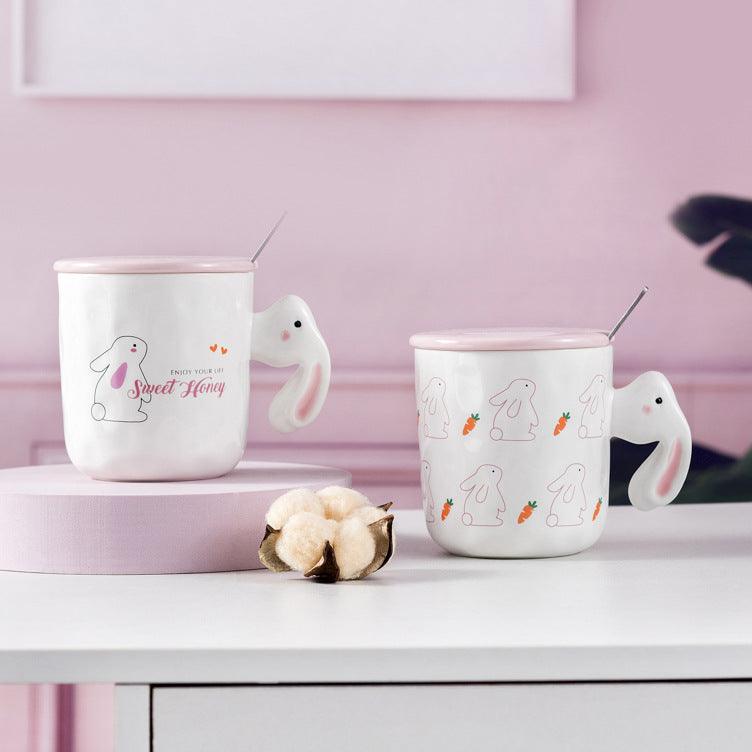 Cartoon Rabbit Ceramic Cup with Lid Spoon