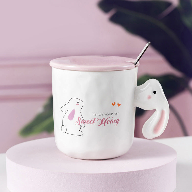 Cartoon Rabbit Ceramic Cup with Lid Spoon