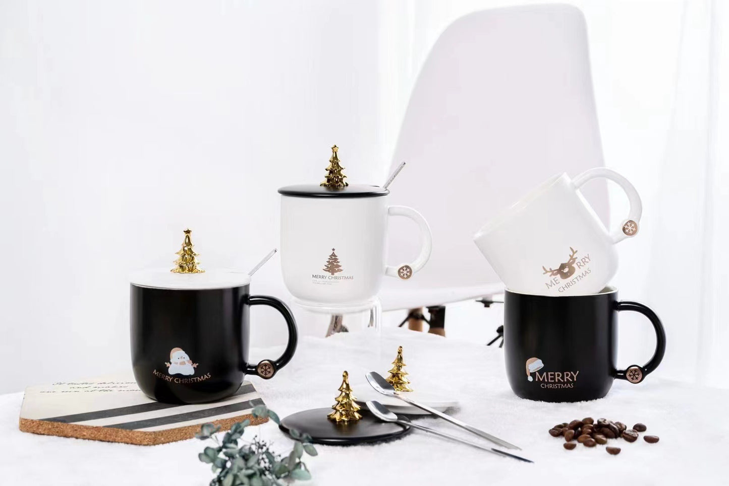 Christmas tree shaped black and white mug