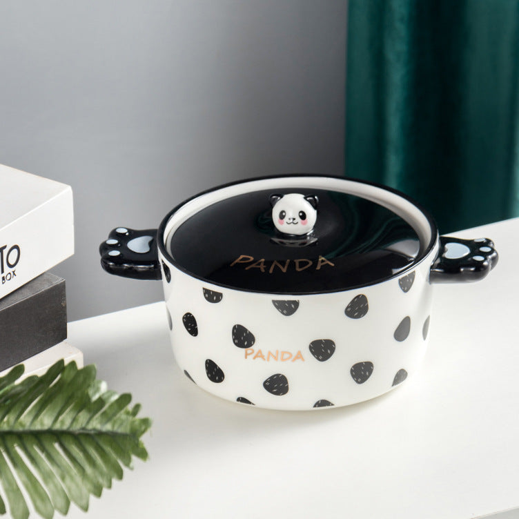 Creative personality black and white panda double handle ceramic bowl