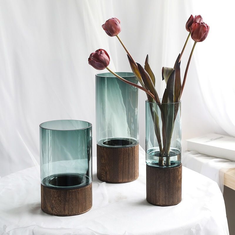 New Chinese style high-end original color glass vase with wooden bottom
