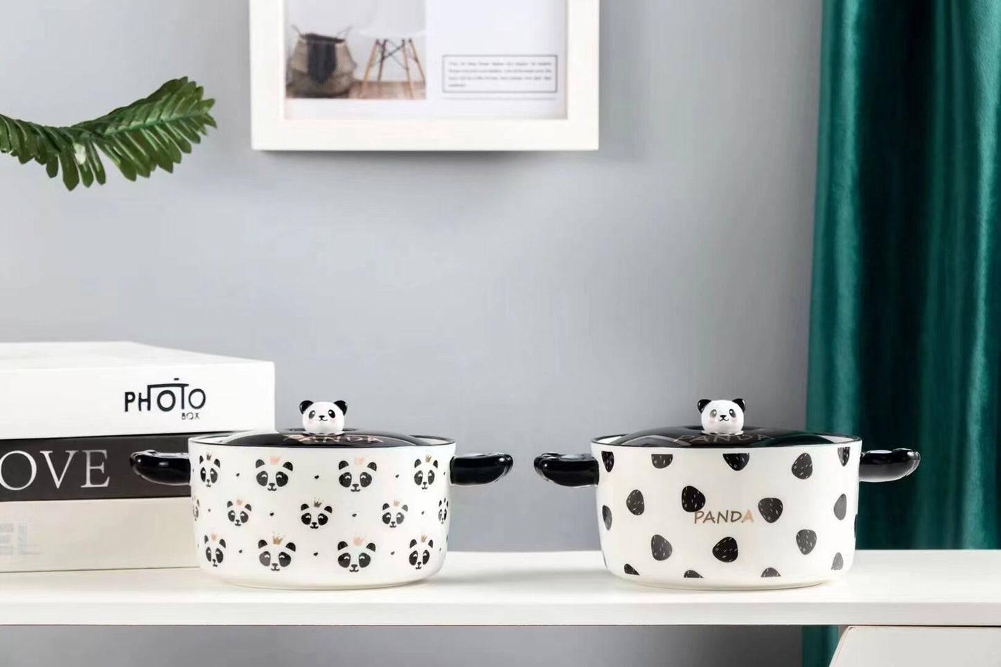Creative personality black and white panda double handle ceramic bowl