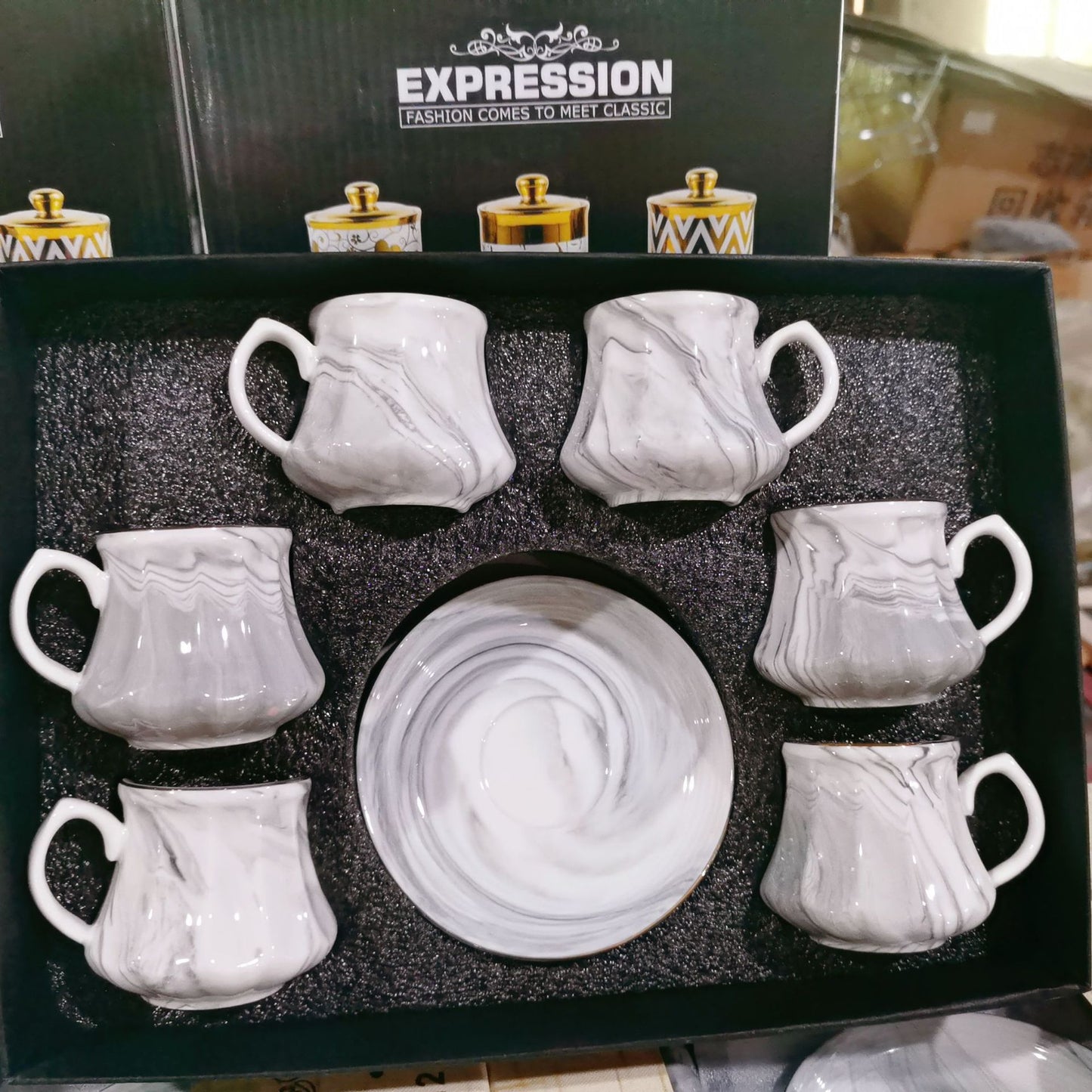 Simple marble pattern ceramic coffee cup and saucer set