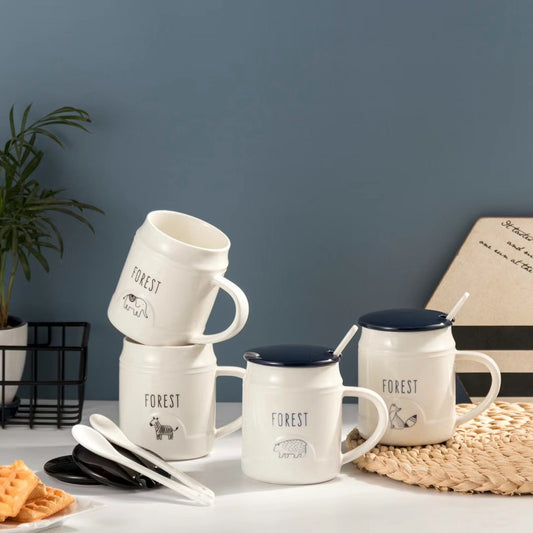Simple personality animal cartoon breakfast cup with lid and spoon