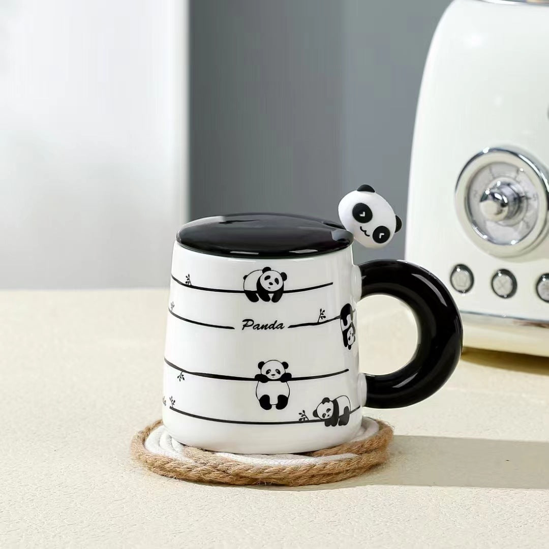 Big Handle Cartoon Panda Ceramic Mug with Spoon