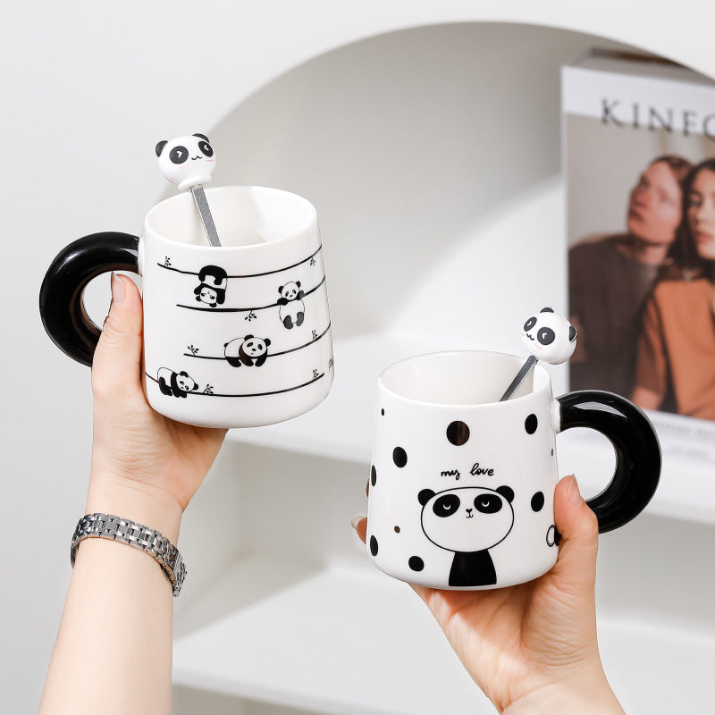 Big Handle Cartoon Panda Ceramic Mug with Spoon