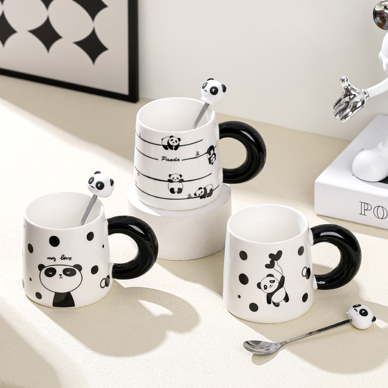 Big Handle Cartoon Panda Ceramic Mug with Spoon