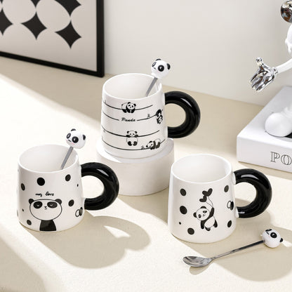 Big Handle Cartoon Panda Ceramic Mug with Spoon