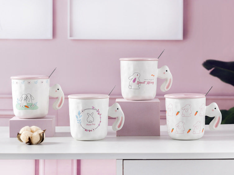 Cartoon Rabbit Ceramic Cup with Lid Spoon
