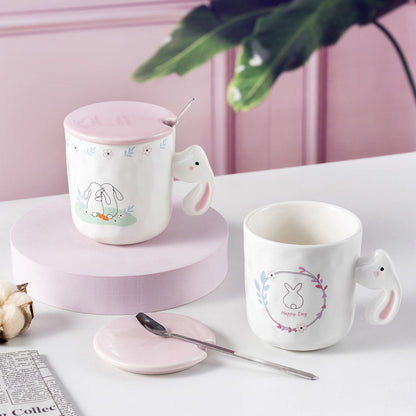 Cartoon Rabbit Ceramic Cup with Lid Spoon