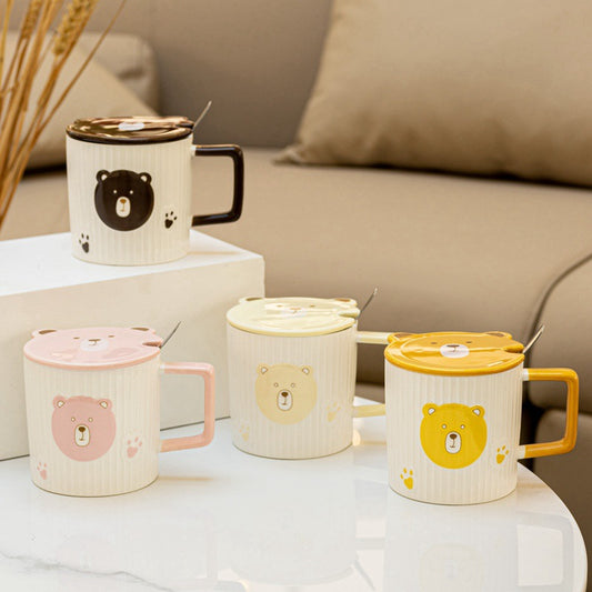 Creative Personalized Embossed Bear Ceramic Mug with Cover and Spoon