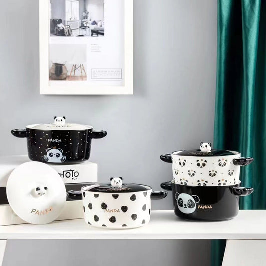 Creative personality black and white panda double handle ceramic bowl