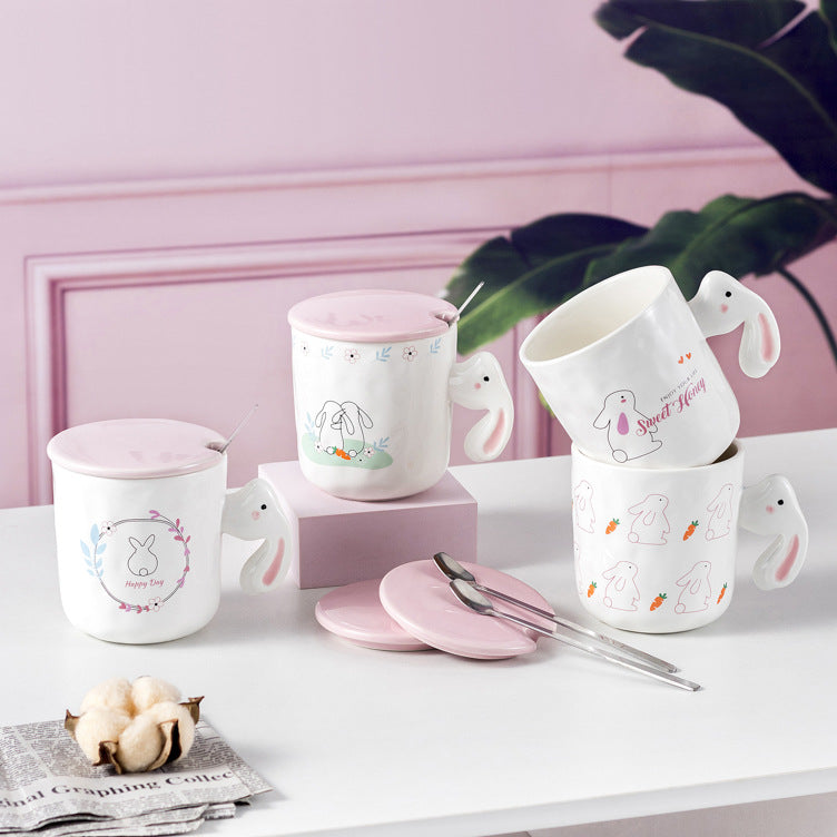 Cartoon Rabbit Ceramic Cup with Lid Spoon