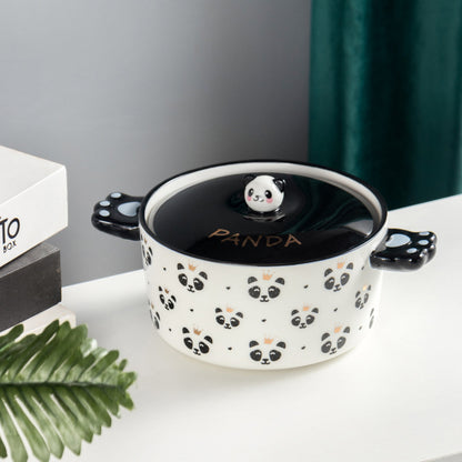 Creative personality black and white panda double handle ceramic bowl