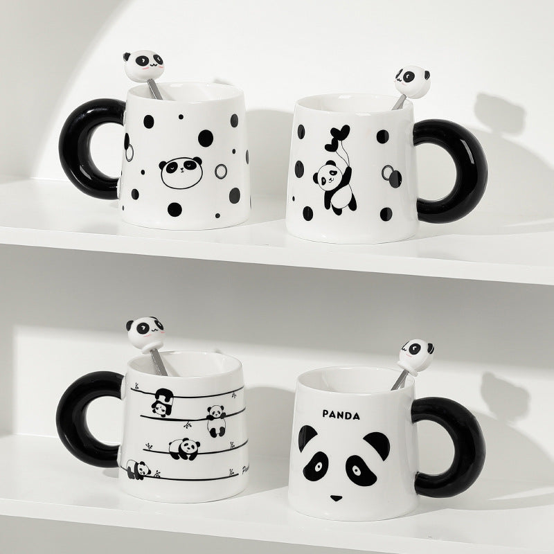 Big Handle Cartoon Panda Ceramic Mug with Spoon