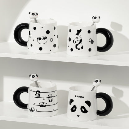 Big Handle Cartoon Panda Ceramic Mug with Spoon