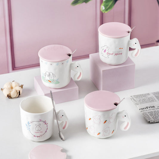 Cartoon Rabbit Ceramic Cup with Lid Spoon