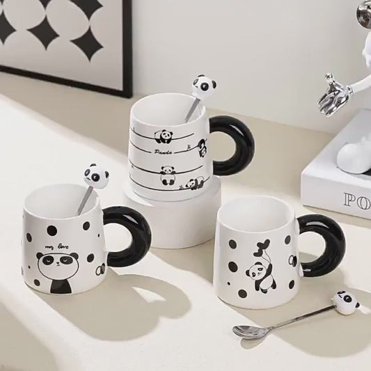 Big Handle Cartoon Panda Ceramic Mug with Spoon